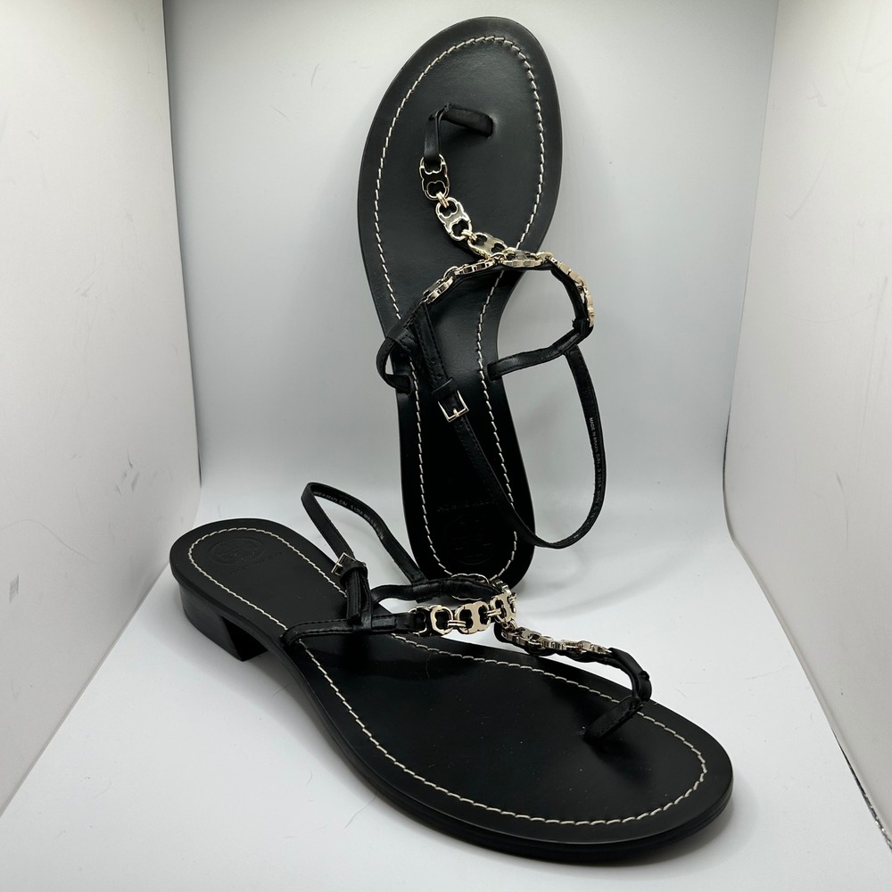 Tory‎ Burch Black Leather Gemini Chain Link Thong Sandals Gold Hardware Size 10M